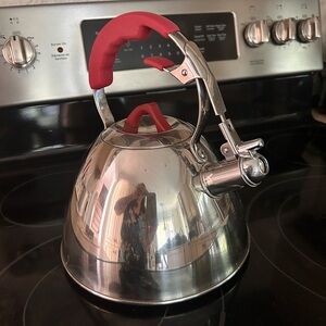 Vintage Style Stainless Steel Whistling Tea Kettle with Red Rubber Handle